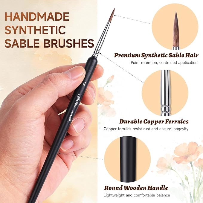 Professional Sable Hair Detail Paint Brush Set - 6 Miniature Art Brushes for Fine Detailing & Art Painting - Acrylic, Watercolor, Oil - Miniatures, Models, Black