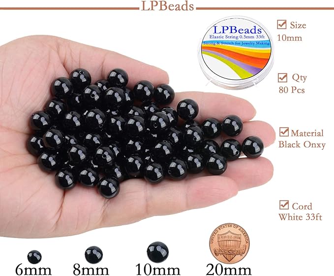 LPBeads 80Pcs Polished 10mm Round Natural Black Onxy Gemstone Loose Beads with Stretch Cord for Jewelry Making Bracelets