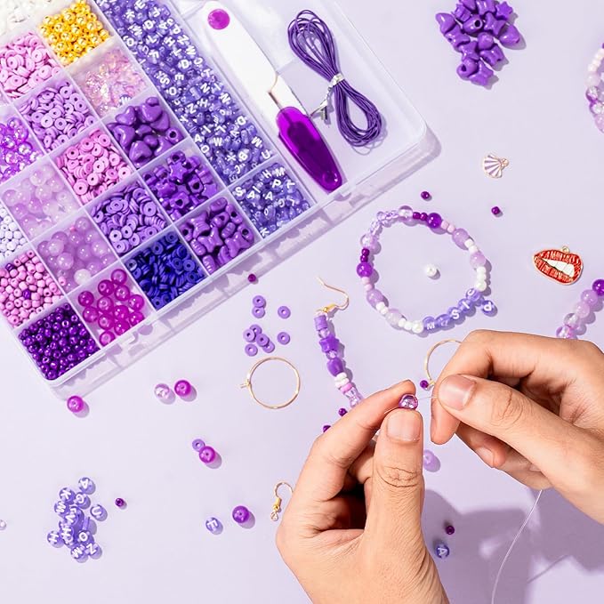 Goldwise Jewelry Making Bead Kit for Adults – Purple Glass & Clay Beads with Letter Beads and Charms, DIY Bracelets & Fashion Accessories Supplies