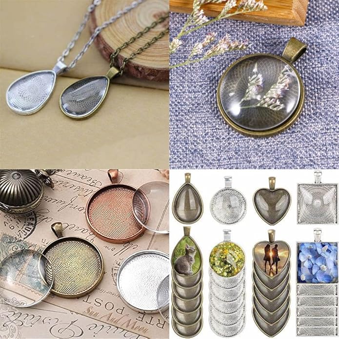 BetterJonny 48pcs Bezel Pendant Trays, 4 Shapes Pendants Trays Set Including 24pcs Charms Bezel Blanks and 24pcs Glass Cabochons for DIY Jewelry Making(2 Colors)