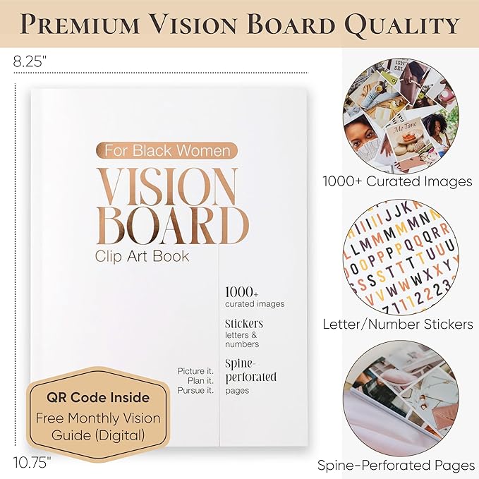 Vision Board Book for Black Women | 1000+ Vision Board Supplies, Pictures, Quotes & Letter/Number Stickers | Magazine-Style Clip Art Collage Book for Goal Setting & Manifestation