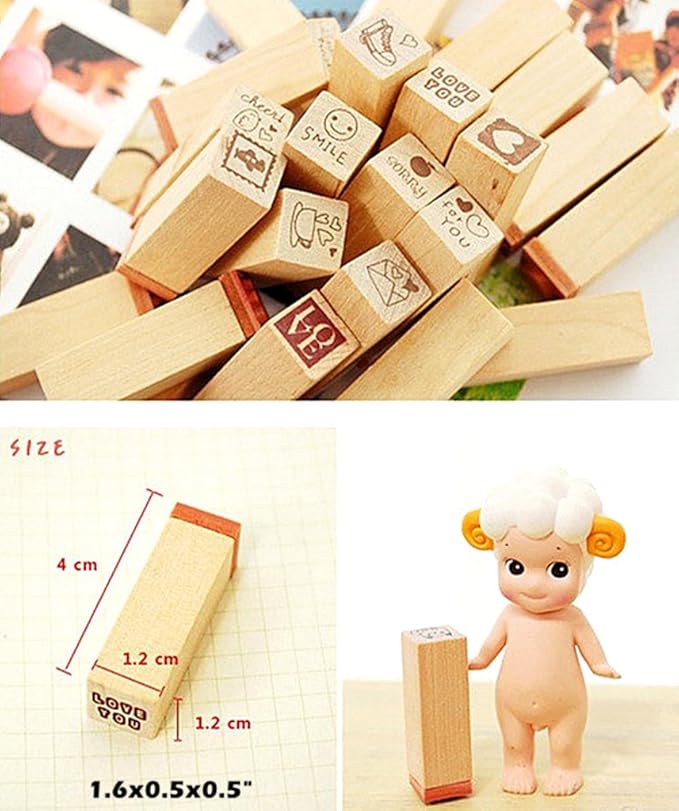 Diary Stamp Set,Wooden Rubber Signet for Children DIY Scrapbooking Planner Card Making(25pcs,Love Heart)