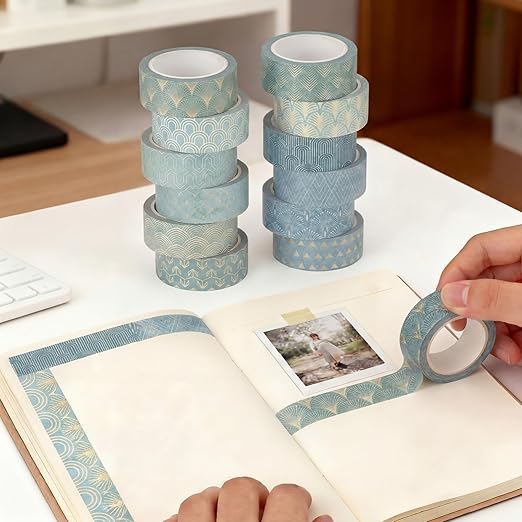 12 Rolls Watercolor Floral Washi Tape Set 15 mm Vintage Flower Decorative Masking Tape for Spring Arts DIY Craft Scrapbook Journal Supplies Gift Wrapping(Teal Color,Art Deco)