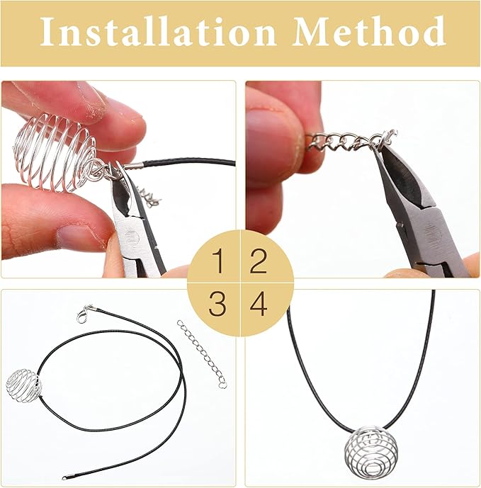Shappy 66 Pieces Crystal Necklace Holder Empty Stone Holder Spiral Bead Cages Pendants with Adjustable Cord Fish Netted Rope Black Waxed Necklace Cord for Rock Jewelry Making Crafting Finding