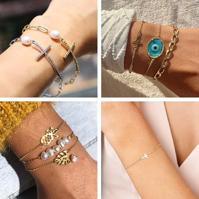 FASHEWELRY 16Pcs Stainless Steel Adjustable Slider Bracelet Adjustable Chains Extender with Cubic Zirconia Ends Golden Chain Link Bracelets with Lobster Clasp for Jewelry Making