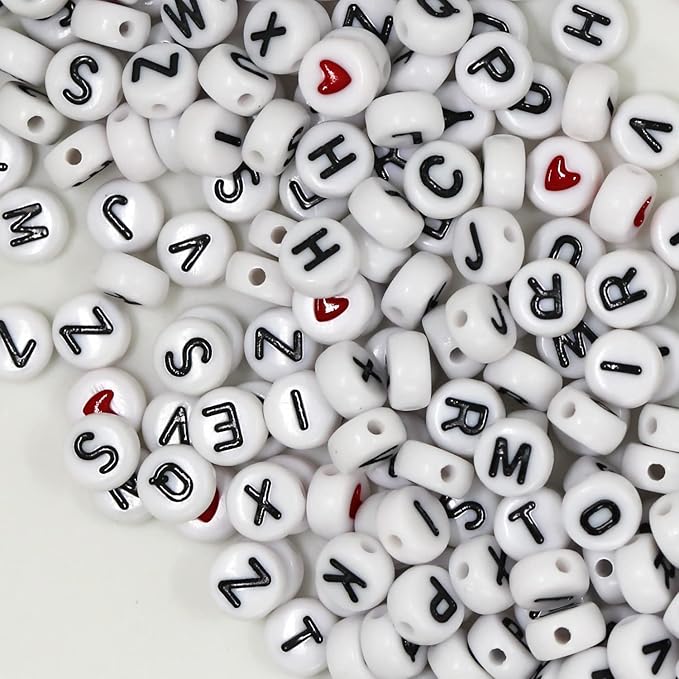 1450Pcs Letter Beads, Acrylic 4x7mm Round Letter Beads Kits, Alphabet Beads A-Z and Red Heart Black Star Beads for Bracelets Necklaces DIY Jewelry Making (White)