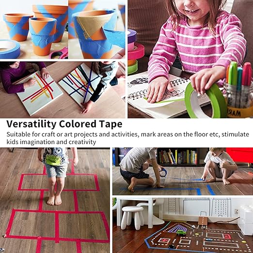 Colored Masking Tape, Color Painters Tape for Kids, 6 Rolls 1 inch Wide x 14.3 Yards Each, Colorful Paper Tapes Rainbow Colors for Labeling Packing, Painter Tape Variety Pack, Craft Tape