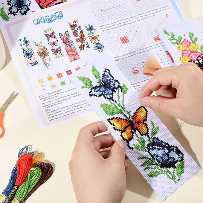 ORIGACH 6 Pcs Cross Stitch Bookmark Kit for Beginner Adults, Butterflies and Flowers Stamped Embroidery Bookmark Kit with Instruction for Starters Printed Cross Stitch DIY Kits for Book Lovers