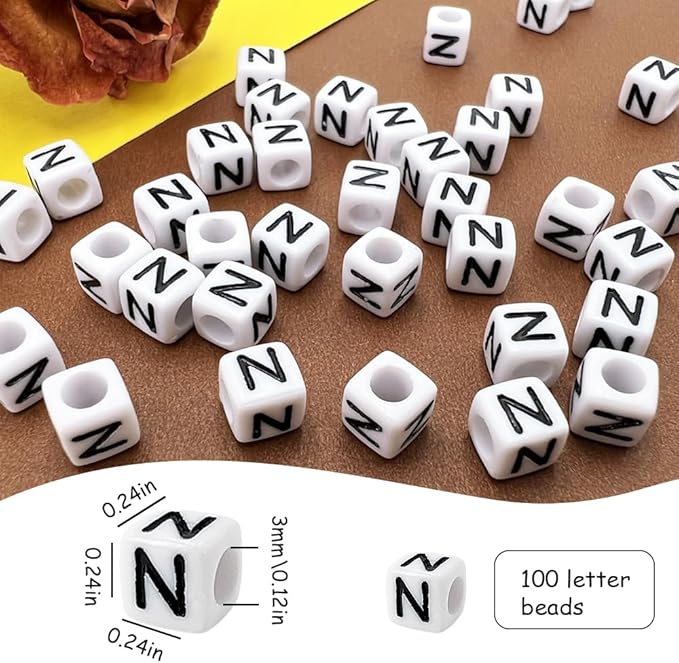MIIIM 100pcs Pony Beads Letter N for Keychains Making, 6x6mm Large Hole Square Letter Beads for Bracelets Making, Alphabets, Numbers (White and Black)
