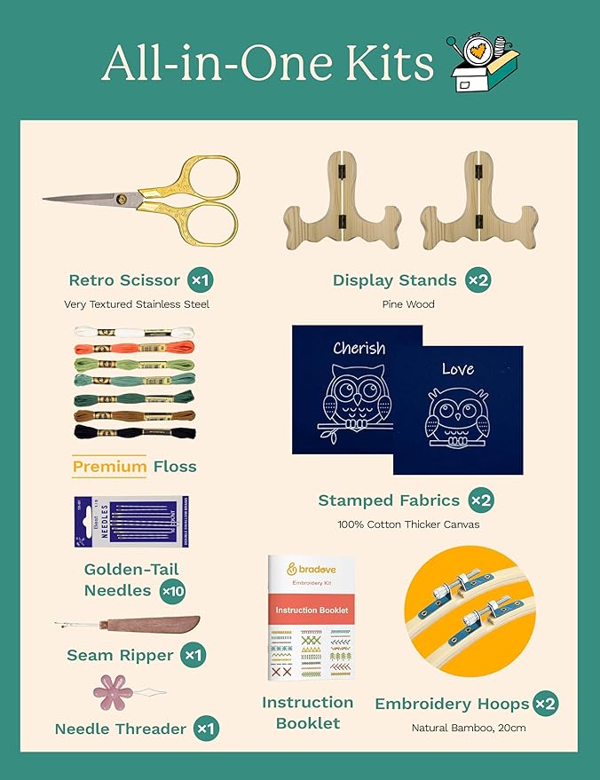 bradove embroidery kit for kids and adults, owls embroidery kit for beginners, easy needlepoint starter kit with 2 display stands