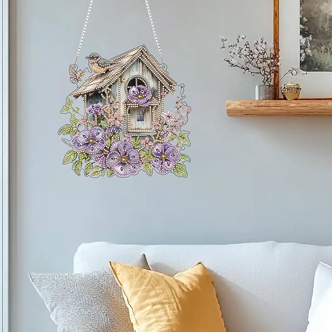 ARPADAMO Hanging Diamonds Art kit for Adult,DIY Bird House Pendant Diamonds Painting Art Kit, 7.8x7.8 inch Acrylic Diamonds Painting Board Kit Ornament, Special Crystal Diamond Hanging Ornament