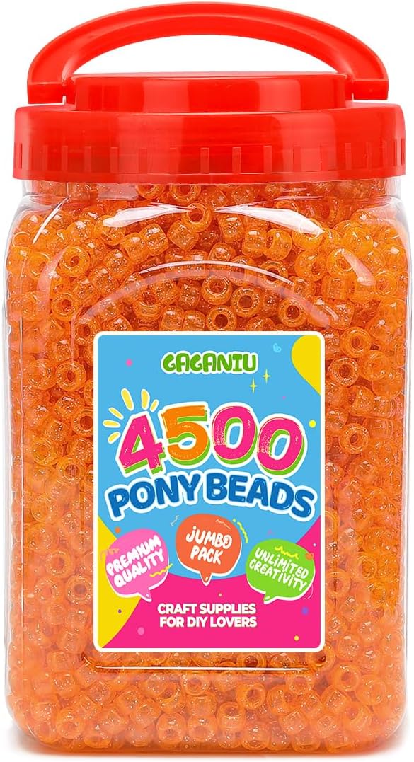 orange glitter pony beads 2.5 lb bulk – 4500+ 6x9mm plastic kandi beads in handle bucket for craft supplies, jewelry making, bracelets, hair braiding & diy projects