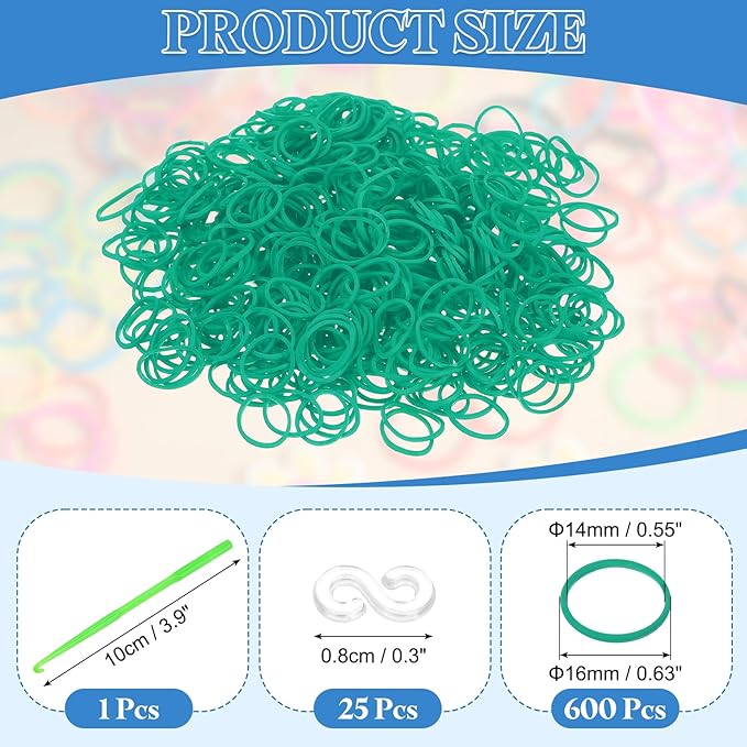 uxcell 600Pcs Loom Rubber Band, Bracelet Making Refill Kit Elastic Loom Band with 25Pcs S-Clips and 1Pcs Crochet Hooks for Weaving DIY Handcrafts, Dark Green
