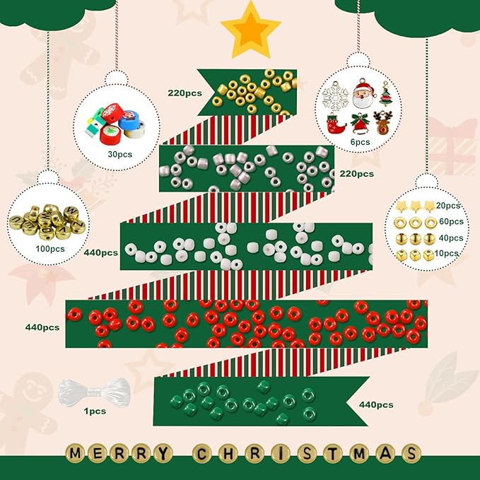 Redtwo Christmas Bracelet Making Kit, 2100 Pcs 4mm Glass Seed Beads Friendship Bracelet Kit, Holiday DIY Craft with Christmas Charms, Gifts for Crafts Lover