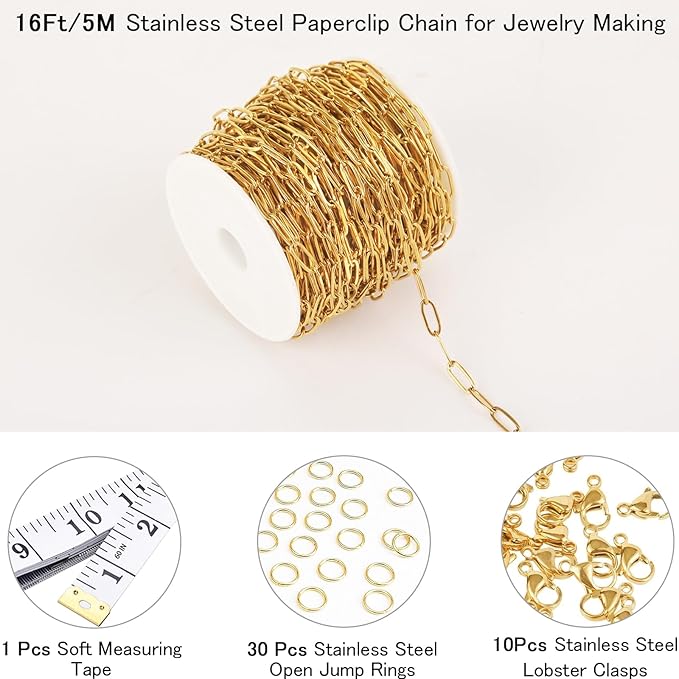 16 Ft Stainless Steel Paperclip Chain for Jewelry Making, 4.5mm Width Gold Plated Paper Clip Link Chains Roll for DIY Necklace Bracelet Jewelry Making Supplies with Lobster Clasps Soft Tape Measure