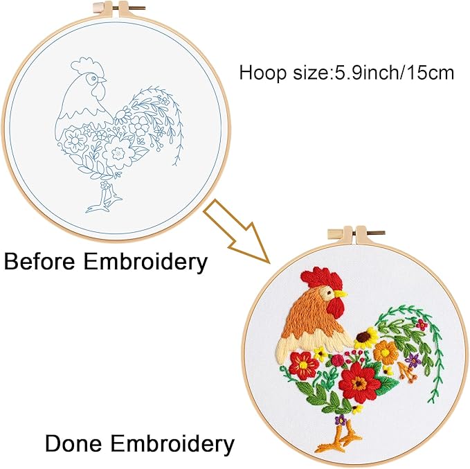 louise maelys funny animal embroidery kits for beginners,cross stitch kit for adults,diy needlepoint with rooster and flower pattern