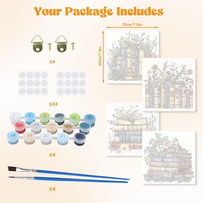 Lxmsja 4 Pack Floral Library Paint by Numbers Kit for Adults, Easy Framed Paint by Numbers for Adults Beginner, DIY Acrylic Oil Painting Craft Kits for Home Wall Decor 8x8 inch