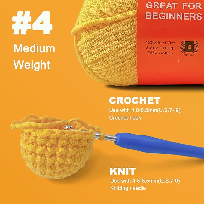 3.5Oz/120yds Yellow Beginner Easy Yarn for Crocheting and Knitting;Worsted-Weight Medium #4;Cotton Blend Yarn for Beginners Amigurumi DIY(Yellow,1 Skein)