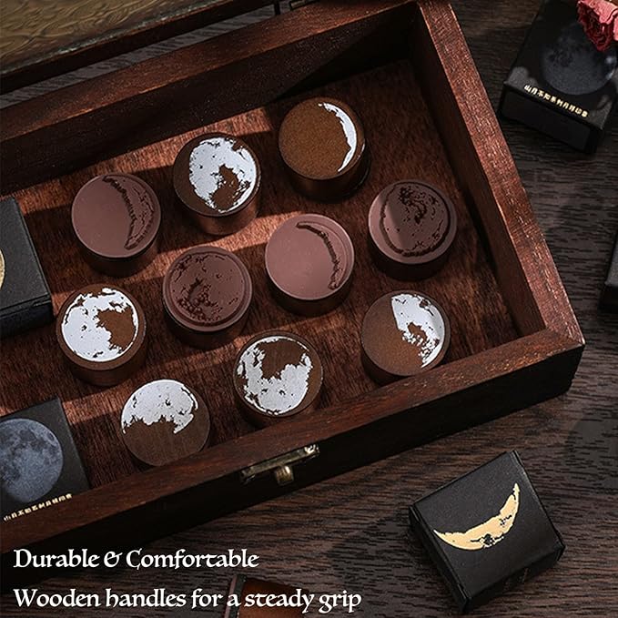 SIBLYMONA 8 Pieces Phases of The Moon Wooden Rubber Stamps Set for DIY Crafting, Decorative Wood Stamps with Moon Patterns, Reusable Rubber Stamp Kit for Scrapbooking & Card Making (Moon(8Pcs))