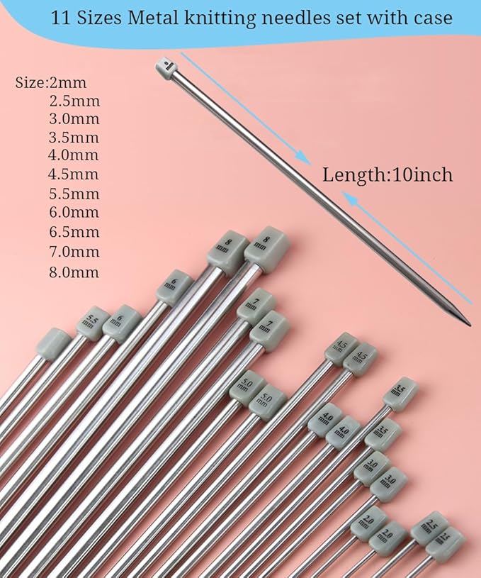 Weabetfu 55pcs Metal Knitting Needle Set,Aluminum Straight Single Pointed Stainless Steel Knitting Needles,11 Size 2mm-8mm,10inch Length for Handmade DIY Knitting with Accessories