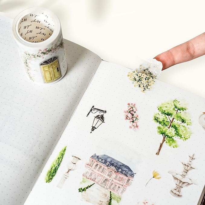 WT Pre-Cut French Courtyard Wide Washi Tape, Single Roll, Romantic European Courtyard Style with Floral Designs, Decorative Washi Paper Tape for Journaling, Scrapbooking, Planner, DIY Crafts