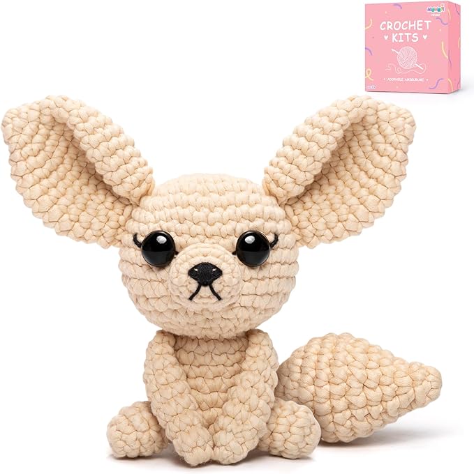 Mewaii Crochet Kit for Beginners Level 1 with 40% Extra Eco-Friendly Pre-Started Easy Yarn, Step-by-Step Video Tutorials for Adults and Kids (Fennec Fox)