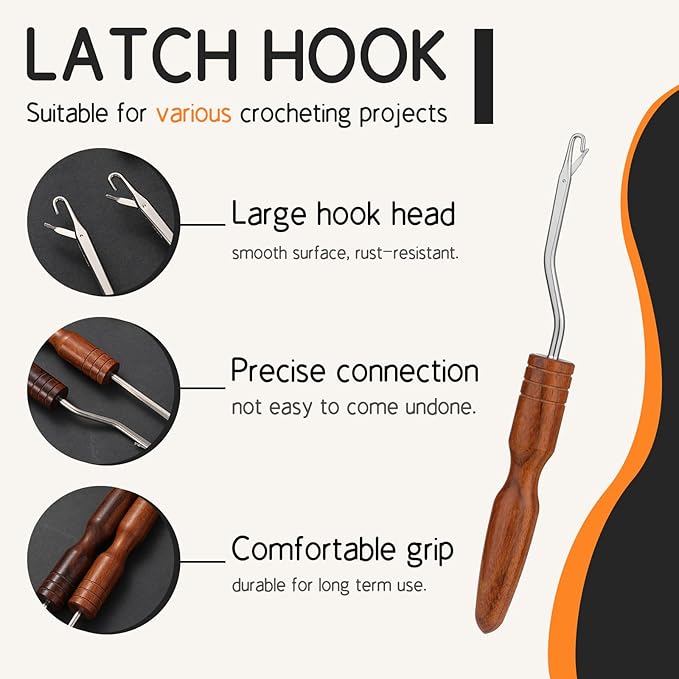 Giwrmu 3 Pcs Latch Hook Tools, Wooden Bent Latch Hooks Kits for Adults, Large Latch Hook Crochet Needle for Hair Extension, Micro Braids and Carpet Craft
