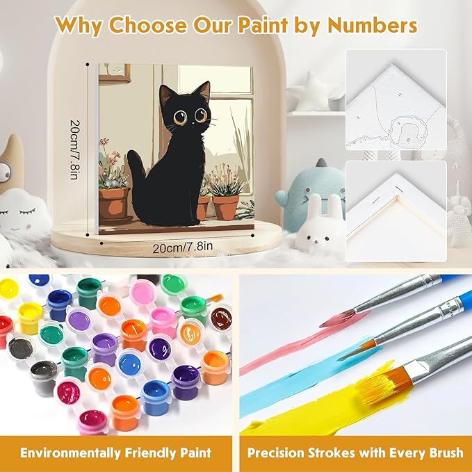NEWENMO 4 Pack Paint by Number for Kids with Wooden Frame, Funny Cat Paint by Numbers for Kids Ages 8-12, Cute Cats, DIY Acrylic Oil Painting for Beginners for Home Wall Decor 8X8 inch