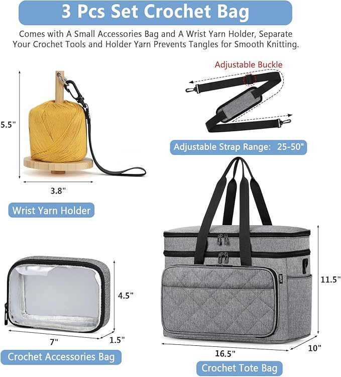 IBFUN 3PCS Crochet Bag with Wrist Yarn Holder, Large Yarn Storage Tote Waterproof Knitting Bag Organizer with Adjustable Strap for Hooks, Needles (Up to 14"), Accessories, Crochet Lovers, Tangle-Free