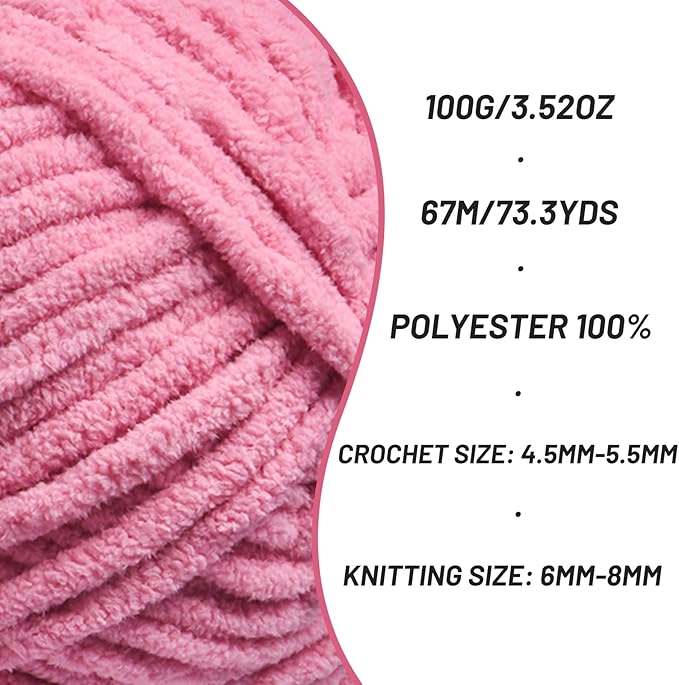 Chunky Chenille Yarn for Crocheting, Baby Yarn for Crocheting Soft Blankets, Bulky Yarns for Crochet Amigurumi, 100g (74.3yds) Fluffy Velvet Yarns for Hand Knitting (Deep Pink)