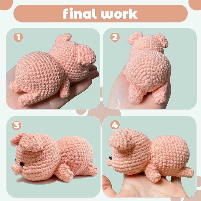JueRum Pig Beginner Crochet Kits for Adult,Amigurumi Crochet Kit with Step-by-Step Video Tutorials, Learn to Crochet Pig Animals Knitting Kit for Adult