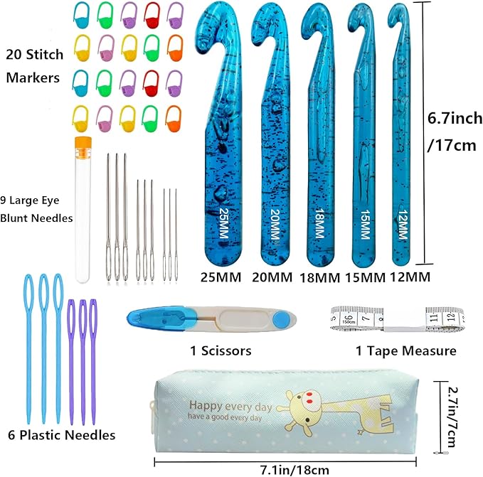 43 Pcs Large Crochet Hooks Set,12mm 15mm 18mm 20mm 25mm Large Crochet Hooks for Chunky Yarn,Plastic Crystal Smooth Big Crochet Needles for Handmade DIY Crochet with Storage Bag