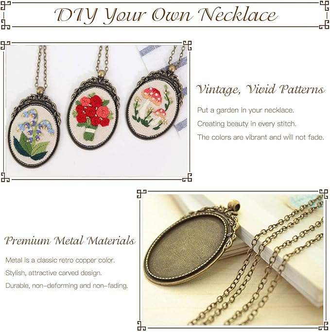 ZOCONE 3 Packs Embroidery Necklace Kit, Embroidery Pendant Kits Mini Cross Stitch Kit with Hoop, Necklace, Pendant, Beads, Stamped Pattern Cloth, Instructions, etc., Embroidery Kits for Adults