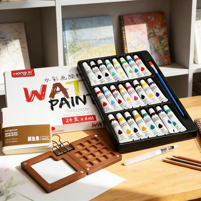 Mini Watercolor Travel Set, 24 Colors Portable Pocket Paint Kit with Watercolor Pens, Binder Clips & Walnut Wooden Box – Perfect for Outdoor Painting, Sketching & Art Journaling