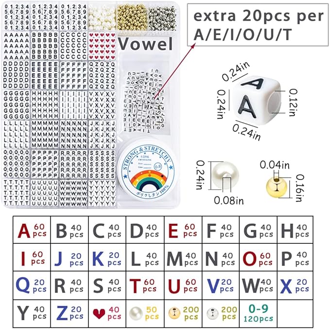 MIIIM 1650 Pcs Pony Beads Letters for Bracelets Making, Vowel-Rich Alphabet Kit with Minimized Rare Characters, 6x7mm Large Hole Square Letter Beads, Numbers (White and Black)