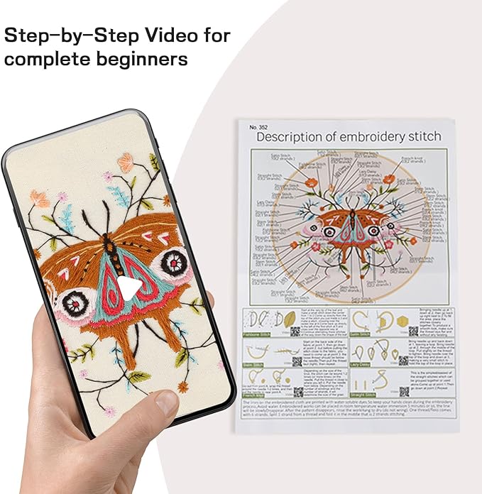 JOINRUN Embroidery Starter Kit for Beginners Adults: DIY Butterfly Cross Stitch Kit for Craft Lover Learn Hand Stitch, Includes Stamped Pattern,Hoop, Easy to Follow Instruction and Video
