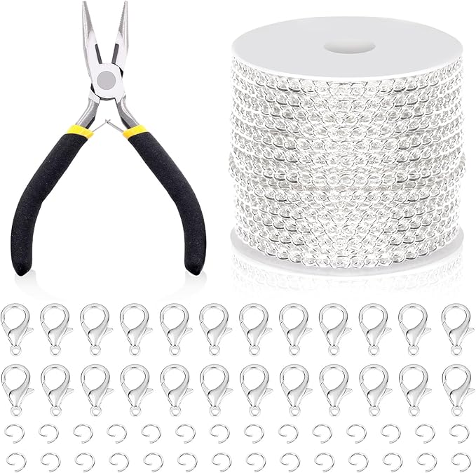 Swpeet 102Pcs Silver 3mm by 10 Yard Length Jewelry Making Chains Kit with Jump Rings, Lobster Clasps and Jewelry Plier, Necklace Chains Flat Cable Link Chain Bulk Ideal for DIY Craft Jewel Making