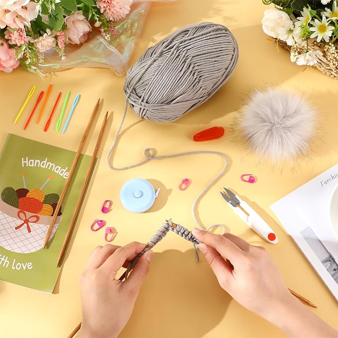 GliCraft Knitting Kits for Beginners Adults Hat Knit Kit with Yarn, Knitting Needles, Faux Pom, Scissors, Measuring Tape Practical and Easy to Use Complete Beginners for Women Men Present(Warm Grey)