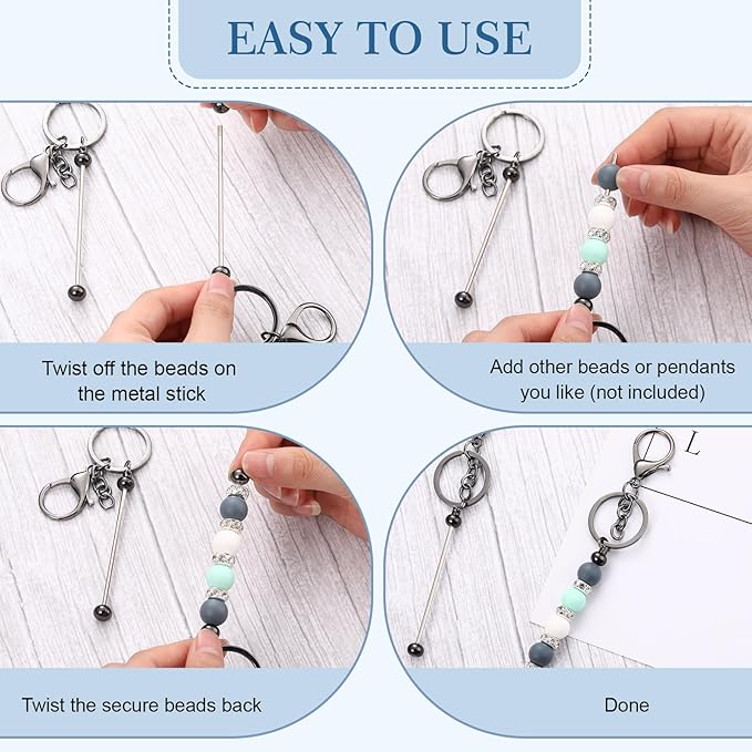 Tondiamo 24 Pcs Beadable Keychain Bars Bulk Beads for Keychain Making Kit Gifts for Women Men DIY Crafts(Gray)