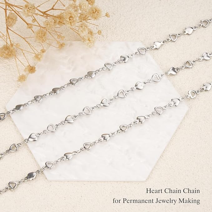 GTVOODX 13 Feet Heart Chain for Jewelry Making Silver Stainless Steel Chains Bulk for Necklace Bracelet Craft DIY Jewelry Supplies with 10 Lobster Clasps and 30 Jump Rings