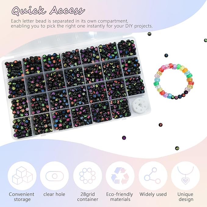 Amaney 1400pcs Colorful Letter Beads Round Alphabet A-Z Heart 4x7mm Black Acrylic Beads and Crystal Line for Jewelry Making