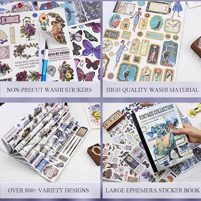 Vintage Washi Sticker Book Ephemera for Junk Journals,800+ Journaling Stickers for Scrapbooking Supplies, Collage, DIY Crafts Arts Decorative 24 Sheets