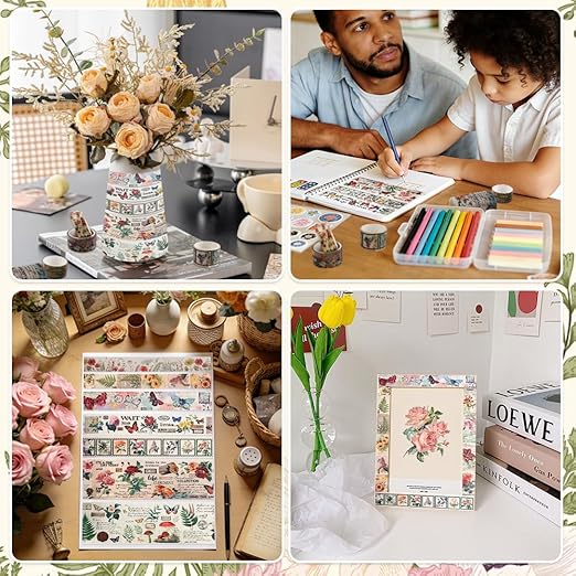 Washi Tape Set 20 Rolls Vintage Washi Tape Self-Adhesive Floral Tape Scrapbook Paper Tape Floral Patterns Decorative Tape for Scrapbook Journal DIY Craft Scrapbooking Journal Supplies Gift Wrapping