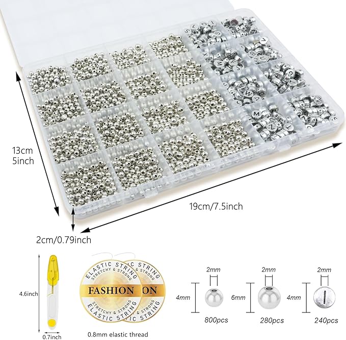 Hpebl 1320PCS Smooth Round Silver Beads for Bracelet Making Kits 4MM/6MM Jewelry Making Supplies Silver Letter Beads for Jewelry Making Kit with 2PCS Crystal String 1PCS Scissors for Adult