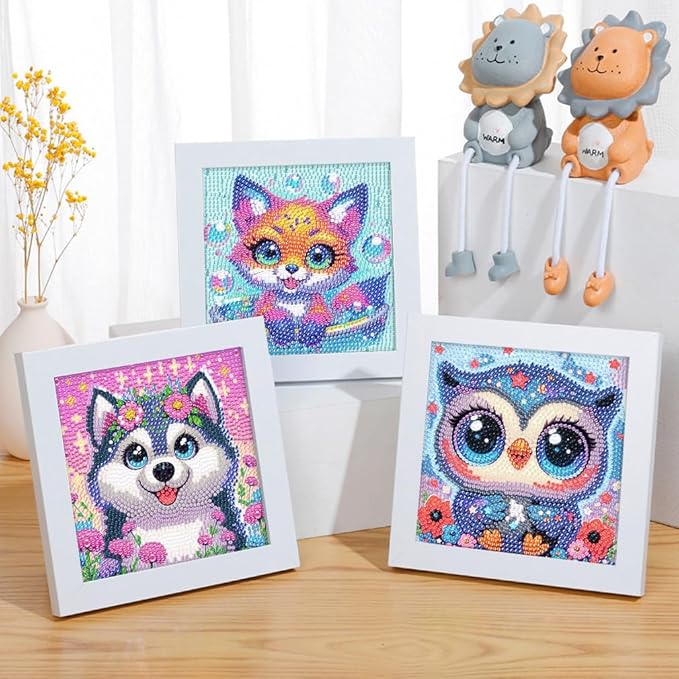 4 Pack Diamond Art Kits for Kids, Cartoon Animals Diamond Painting Kits for Kids Beginners, Kids' Mosaic Kits DIY Full Drill Diamond Dots Painting Picture Arts Craft for Home Wall Decor 6x6 Inch