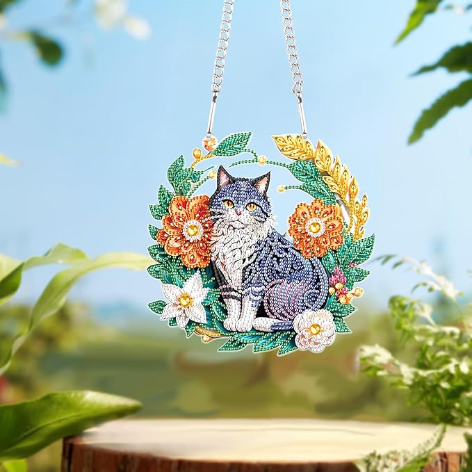 Flower Birdcage Design DIY Diamond Art Painting Wreath Kits Special Shaped Rhinestone Diamond Art Window Pendants Home Garden Wall Hanging Kits (Single Side Point Drill) (#11-Cat) (#13-Cat)