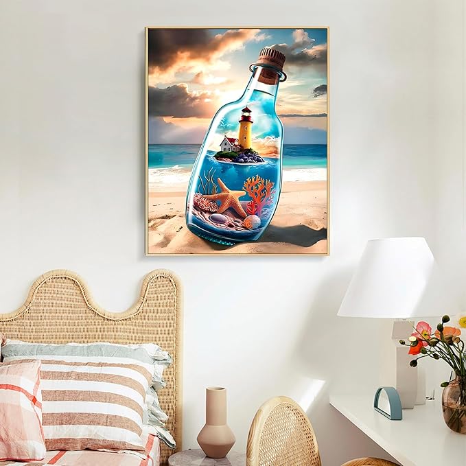 Paint by Numbers Kit for Adults - Beach Bottle Acrylic Adult Paint by Number Kits on Canvas for Beginner, Seaside Lighthouse DIY Oil Painting by Numbers for Adults, Perfect for Home Decor Gift 16"x20"