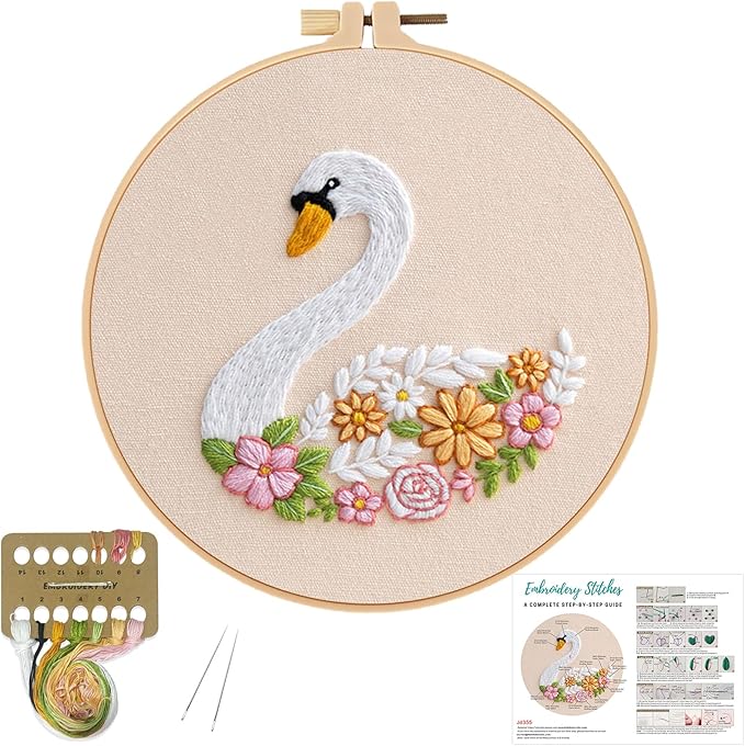 louise maelys cute animal embroidery kits for beginners,cross stitch kit for adults starters,diy needlepoint tool including swan and flower pattern,hoop,instruction and threads