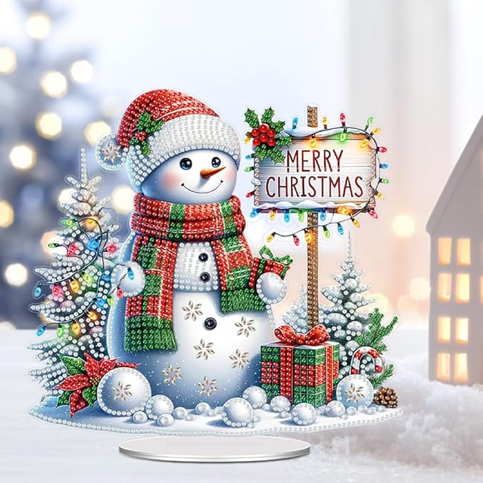 LAKEQUILL Christmas Diamond Art Painting Kits, Snowman Tabletop Ornament, Stand Up Diamond Art Desktop Kits for Home Office Decor, New Year Gift