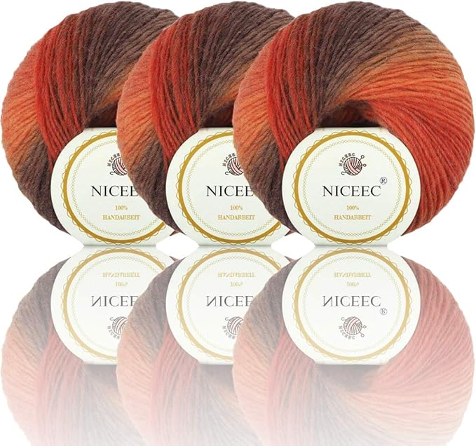 NICEEC 3 Skeins 100% Wool Rainbow Yarn Soft Gradient, Self-Striping, Colorful Single Ply Yarn for Crochet & Knitting - 3#